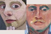 Paula Modersohn-Becker, Selbstbildnis mit Hand am Kinn, 1906/07 und Edvard Munch, Selbstbildnis vor blauem Himmel, 1908 Gesicht einer Frau und eines Mannes, die den Betrachter anschauen