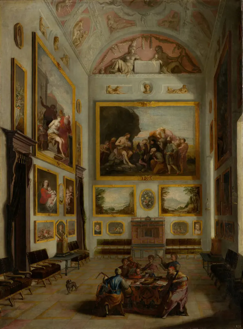 Eine Innenansicht eines Palastes mit Gemälden und Musikern 