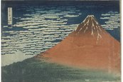 Katsuhiko Hokusai, Der Berg Fuji bei Südwind, um 1831 Roter Berg vor blauem Himmel mit weißem Wind.