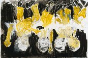 Georg Baselitz, The Bridge Ghost’s Supper, 2006 Gemälde mit schwarzem Hintergrund und 4 Männern in weiß und gelb, die auf dem Kopf stehen