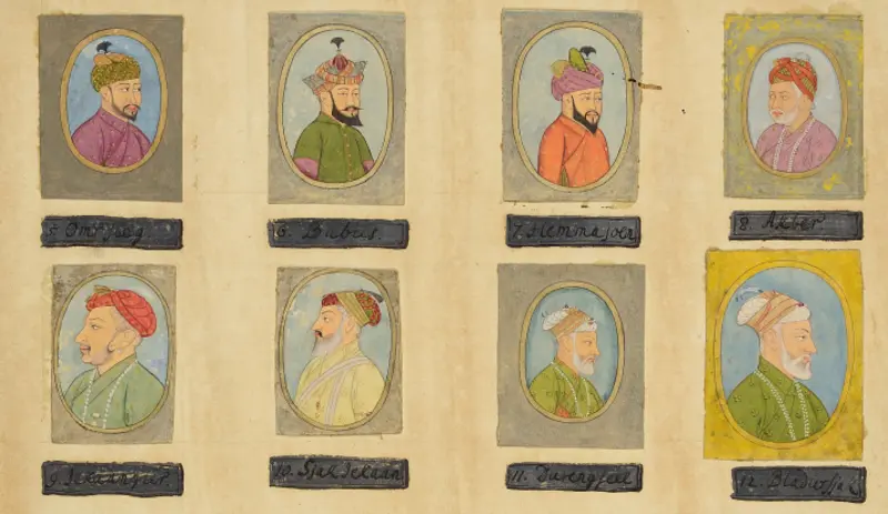 8 Portraits of Mughal Rulers on wooden board