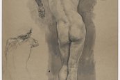 Otto Greiner, Stehender männlicher Rückenakt, an eine Mauer gelehnt. Links kleinere Wiederholung des Oberkörpers, 1892, C 1894-9 Rückenansicht eines nackten Mannes