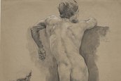 Otto Greiner, Stehender männlicher Rückenakt, an eine Mauer gelehnt. Links kleinere Wiederholung des Oberkörpers, 1892, C 1894-9 Rückenansicht eines nackten Mannes