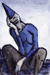 Frank Voigt, Harlekin sitzende, traurige Person mit Hand im Gesicht und Spitzhut