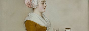 a girl carries a tray with a porcelain chocolate cup and a glass of water