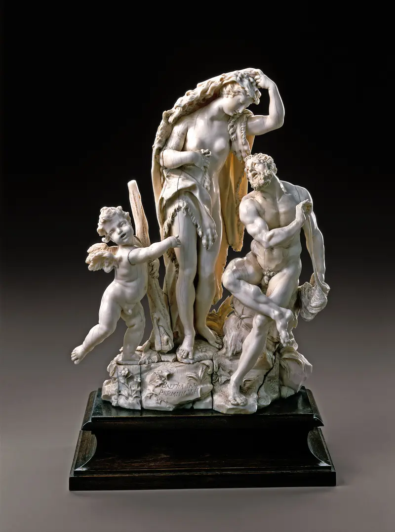 Herkules und Omphale, Balthasar Permoser (1651–1732), Dresden, vor 1715, Elfenbein, Holz, H.: 26 cm (ohne Sockel), Inv.-Nr. II 42 