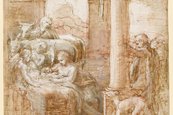 Correggio, Studie für Die Heilige Nacht (La Notte), um 1522/1525 Zeichnung auf Papier, Frau mit Baby im Arm in Stall