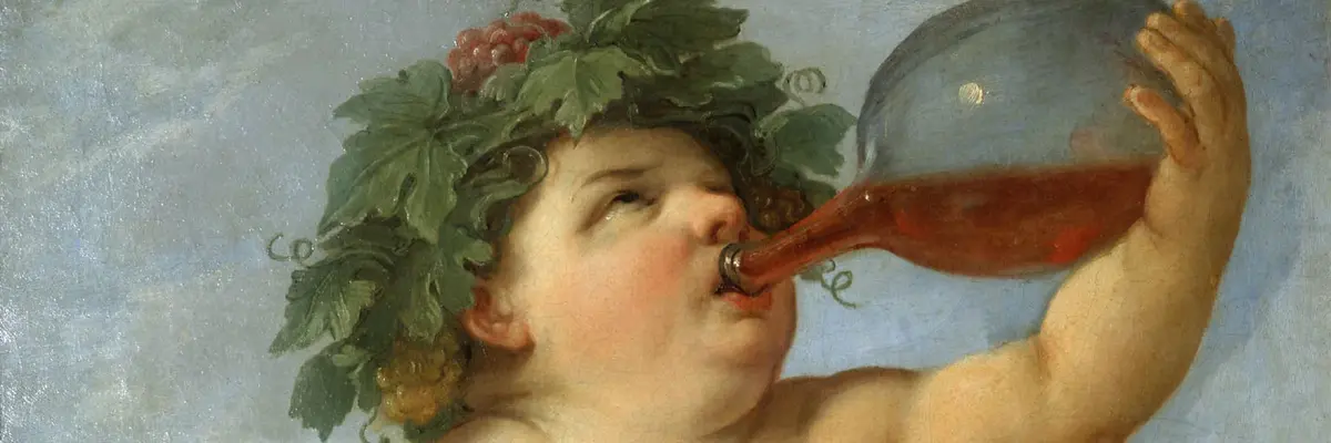 nackter, wohlgenährter Knabe trinkt Wein und uriniert, daneben ein angestochenes, auslaufendes Weinfass