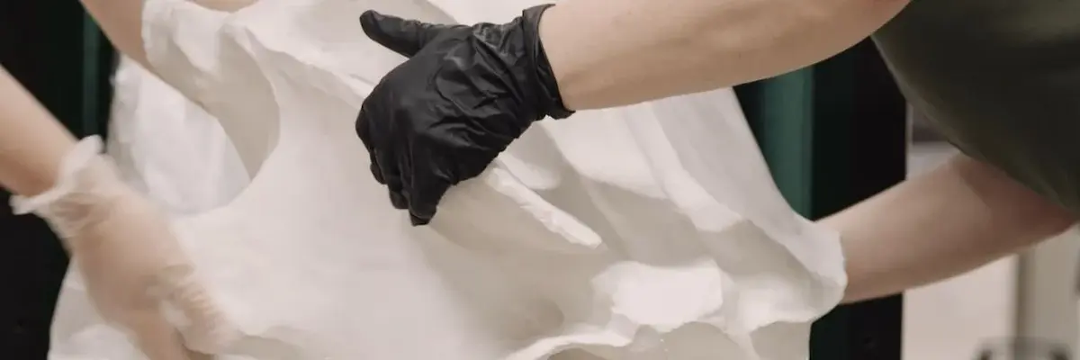 Hände in Handschuhen untersuchen ein großes Stück Papier