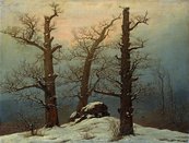 Caspar David Friedrich, Hünengrab im Schnee Schneelandschaft mit drei kahlen Bäumen, dazwischen ein Haufen Steine