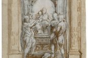 Correggio, Zeichnung für die Madonna des heiligen Georg, vor 1530 Zeichnung eines Altargemäldes auf Papier