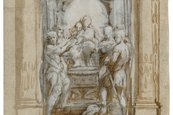 Correggio, Zeichnung für die Madonna des heiligen Georg, vor 1530 Zeichnung eines Altargemäldes auf Papier