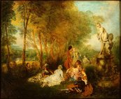 Antoine Watteau, Das Liebesfest, 1718/19 Menschengruppe rastet auf einer Waldlichtung