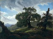 Carl Gustav Carus, Erinnerung an eine bewaldete Insel der Ostsee (Eichen am Meer) Bäume in einer Naturlandschaft, im Hintergrund ein Gewässer