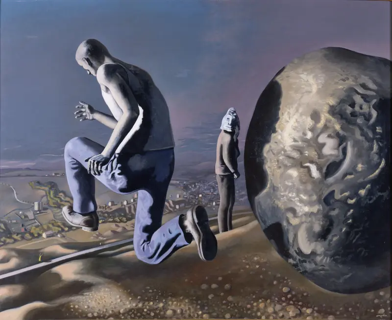 Ölbild des fliehenden Sisyphos, daneben ein Stein, dahinter eine Gestalt