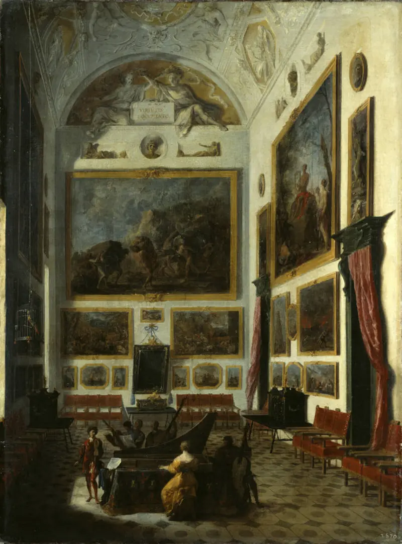 Eine Innenansicht eines Palastes mit Musikern 