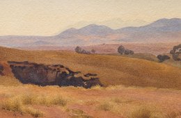 Das Bild einer hügeligen, kargen Landschaft in rot-brauner Farbe.