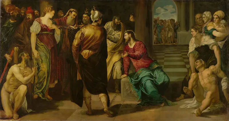 Jesus Christus sitzt auf einer Stufe in einem Tempel und hält eine Rede vor vielen Menschen
