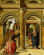 Francesco del Cossa, Die Verkündigung Maria unter prächtigem Torbogen, Engel läuft auf sie zu