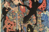 Utagawa Kuniyoshi, Einer von achthundert Helden des japanischen Suikoden: Iwanuma Kichirokurō Nobusato, um 1833 Person im Kampf mit einem schwarzen, drachenähnlichen Ungeheuer