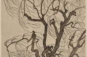 Emil Orlik, Ein Windstoß, 1901 Baum ohne Äste vor grauem Hintergrund, unten links eine Person