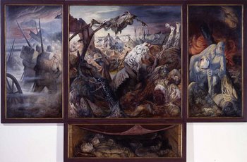 hölzernes Triptychon mit Kriegsdarstellungen