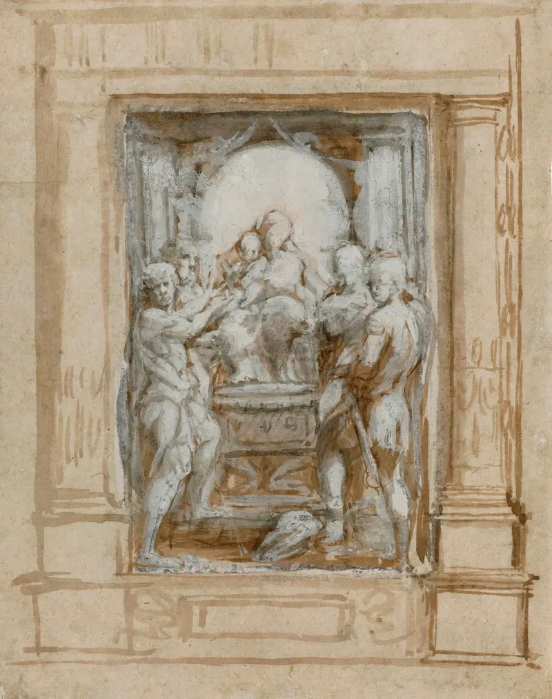 Pinselzeichnung mit vielen Figuren, in der Mitte die Madonna