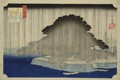 Utagawa Hiroshige, Acht Ansichten von Ōmi: Nachtregen über Karasaki, 1830 Landschaftszeichnung mit grauer Wolke