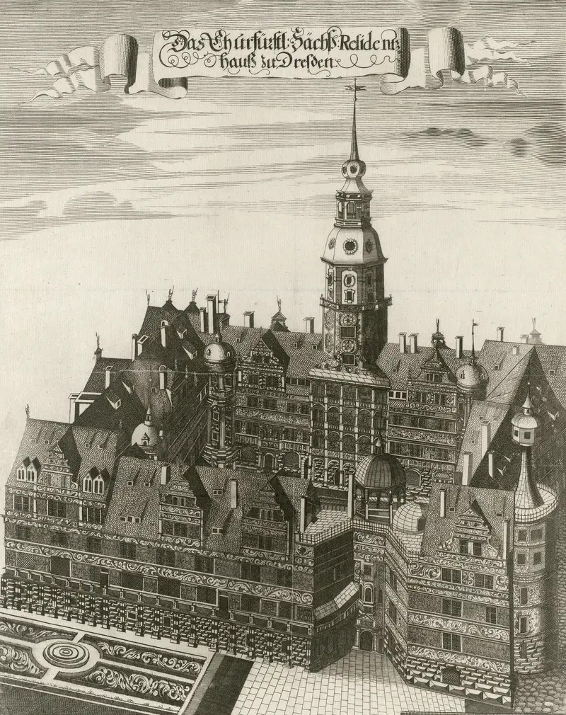 aus der Vogelperspektive ist das Dresdner Residenzschloss in schwarz-weiß zu sehen, oberhalb in alter Schrift die Nennung "Kurfürstliche Residenz"