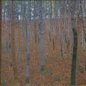 Gustav Klimt, Buchenwald I Viele dünne Baumstämme auf einem von Herbstlaub bedecktem Waldboden