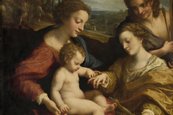 Correggio, Mystische Vermählung der heiligen Katharina mit heiligem Sebastian, um 1525/1527 Frau mit Baby auf dem Schoß, ihr gegenüber 2 andere Frauen