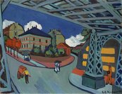 Ernst Ludwig Kirchner, Eisenbahnüberführung Löbtauer Straße in Dresden Blick durch eine Unterführung auf einige Häuser, Menschen auf der Straße