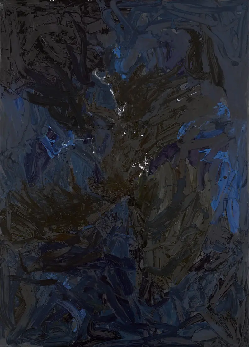 abstraktes Gemälde mit blauen und schwarzen Partien