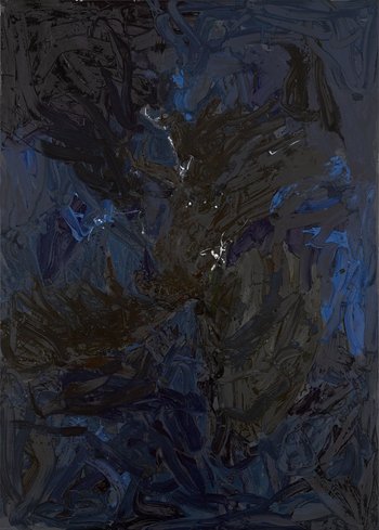 abstraktes Gemälde mit blauen und schwarzen Partien