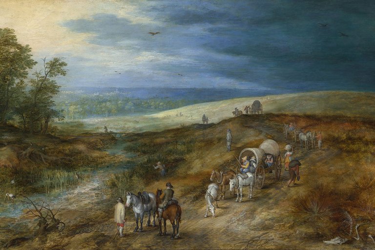Hügelige Landschaft mit einer Gruppe an Menschen