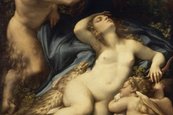 Correggio, Venus und Cupido mit Satyr, um 1524-27 liegende nackte Frau, daneben liegt ein kleiner Engel, dahinter steht ein Satyr