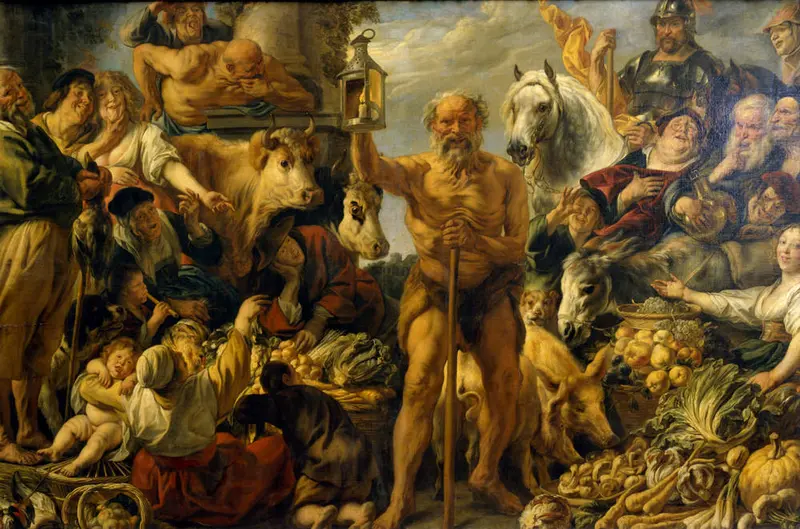 Ein Gemälde mit einem alten Mann in der Mitte auf einem opulenten Markt