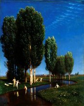 Arnold Böcklin, Der Sommertag Badende an einem Fluss, dahinter große Bäume