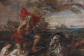 Peter Paul Rubens, „Quos ego“ – Neptun, die Wogen beschwichtigend, um 1635 älterer Mann auf dem Meer, um unteren Rand ein Pferdegespann und mehrere nackte Frauen