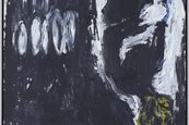 Georg Baselitz, Maler mit Fäustling, 1982, (Stiftung Günther und Annemarie Gercken) Figur mit gelbem Kopf, die auf dem Kopf steht vor schwarzem Hintergrund