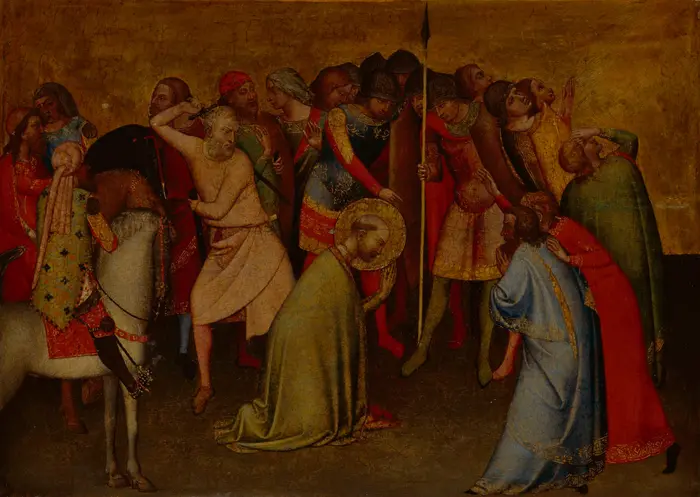 Ein Mann wird enthauptet, viele Menschen stehen um ihn herum